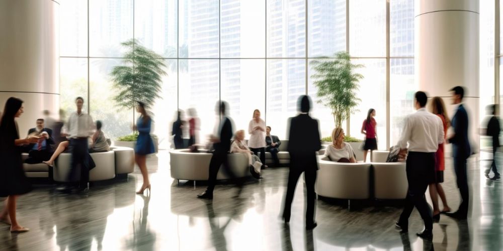 Image of building residents in a lobby interior