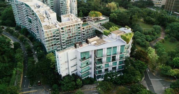 exterior aerial image of a green building