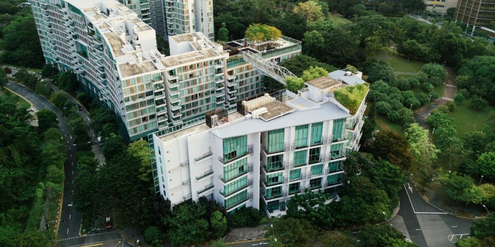 exterior aerial image of a green building