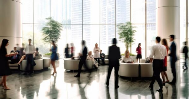 Image of building residents in a lobby interior