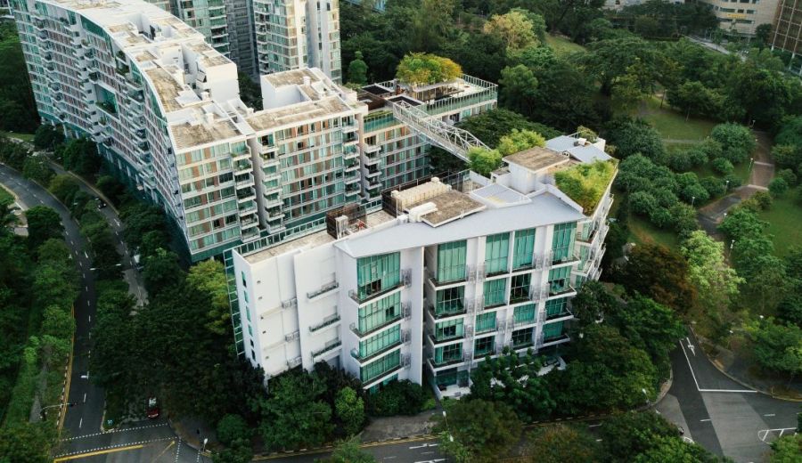 exterior aerial image of a green building